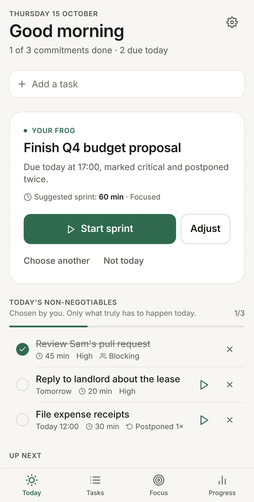 FROG's Today screen. Your frog is 'Finish Q4 budget proposal', chosen because it is due today at 17:00, marked critical and postponed twice. A 60-minute sprint is suggested, with a Start sprint button.