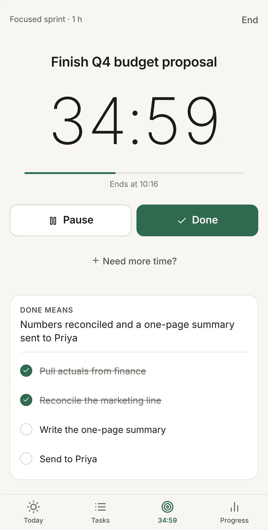 The Focus screen: 'Finish Q4 budget proposal' with 34:59 remaining, a progress line, Pause and Done buttons, and a checklist with two of four items ticked.
